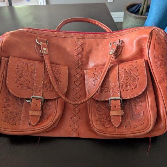 Vintage Large Leaders in Leather Tooled Floral Overnight Bag - Picture 2 of 12